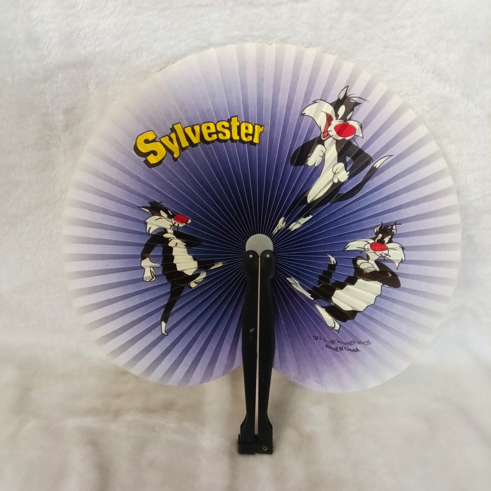 Vintage 1997 Warner Bros Looney Tunes Sylvester the Cat Folding Hand Fan Purple